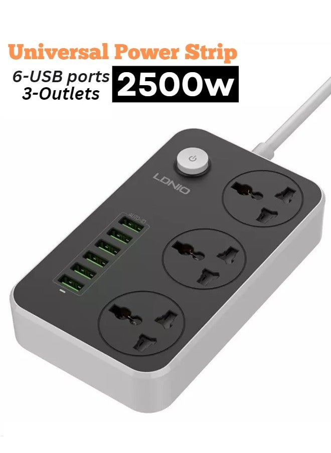 LDNIO 3 مقابس طاقة مع 6 وصلات USB محطة شحن مثالية للمنزل/المكتب أسود/رمادي  - Image 1