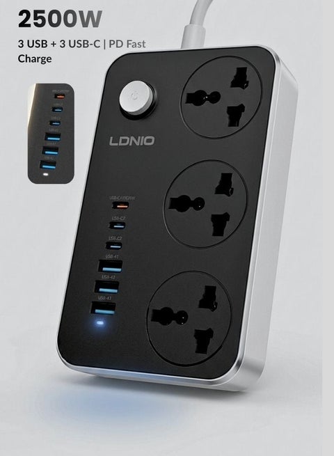 3 مقابس طاقة مع 6 وصلات USB محطة شحن مثالية للمنزل/المكتب أسود/رمادي