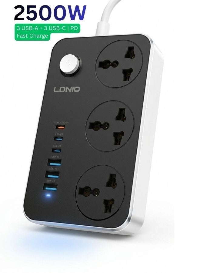 LDNIO 3 مقابس طاقة مع 6 وصلات USB محطة شحن مثالية للمنزل/المكتب أسود/رمادي - Image 2