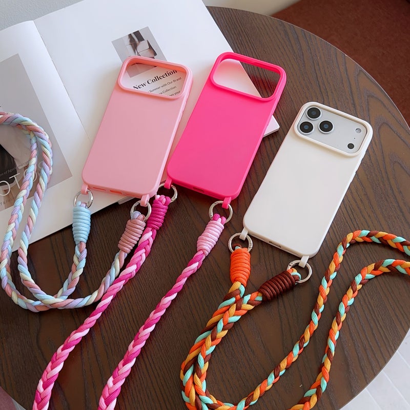 هاتف بسيط جديد بلون واحد مصنوع من حبل منسوج لجهاز iPhone 17، حقيبة كروس بودي على الكتف، حماية من السقوط، بيج - Image 2