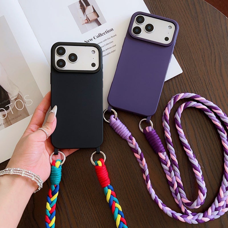 هاتف بسيط جديد بلون واحد مصنوع من حبل منسوج لجهاز iPhone 17، حقيبة كروس بودي على الكتف، حماية من السقوط، بيج - Image 3