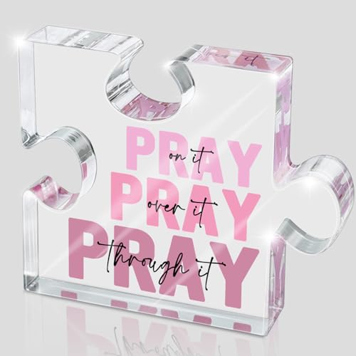 zaxek Religious Plaques Christian Woman Decor Gifts - Pray on it Pray over it -Puzzle Acrylic Sign - Pink Office Desk Accessories Decor Sign, Pink Dorm Room for Women - Long Distance Gifts (puzzle) - Image 1