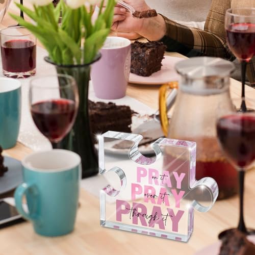 zaxek Religious Plaques Christian Woman Decor Gifts - Pray on it Pray over it -Puzzle Acrylic Sign - Pink Office Desk Accessories Decor Sign, Pink Dorm Room for Women - Long Distance Gifts (puzzle) - Image 3