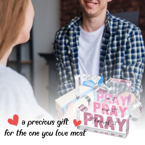 zaxek Religious Plaques Christian Woman Decor Gifts - Pray on it Pray over it -Puzzle Acrylic Sign - Pink Office Desk Accessories Decor Sign, Pink Dorm Room for Women - Long Distance Gifts (puzzle) - Image 5