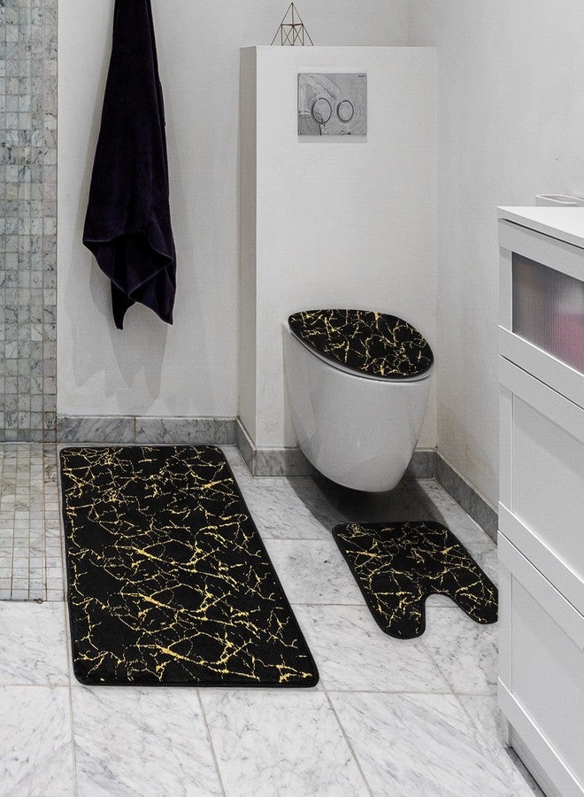 Eanpet Marble Bathroom Rugs and Mats Set 3 Piece Nonslip Black Gold Bathroom Mats Soft Washable Bath Mats for Bathroom Floor Mats Carpet Water Absorbent Shower Rug with U-Shaped Contour Rug Toilet Lid Cover - Image 3