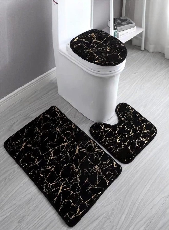 Eanpet Marble Bathroom Rugs and Mats Set 3 Piece Nonslip Black Gold Bathroom Mats Soft Washable Bath Mats for Bathroom Floor Mats Carpet Water Absorbent Shower Rug with U-Shaped Contour Rug Toilet Lid Cover - Image 1