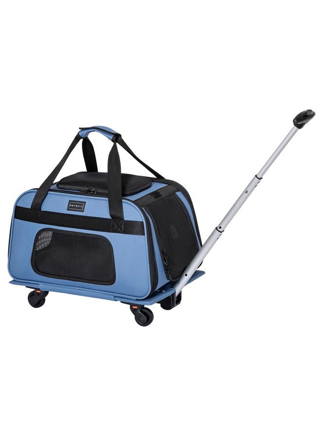 Petsfit Petsfit Pet Carrier with Wheels, Rolling Cat Carrier for 2 Small Cats, Airline Approved Pet Carrier with Telescopic Handle Perfect for Travelling Under 15lb,Blue  - Image 1