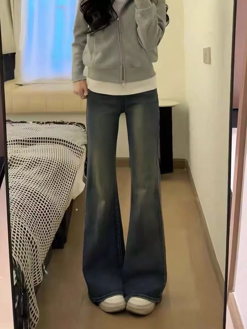 جينز نسائي بخصر مرتفع وساق متسع بوت كت، دنيم قطني، بطول كامل - Image 1