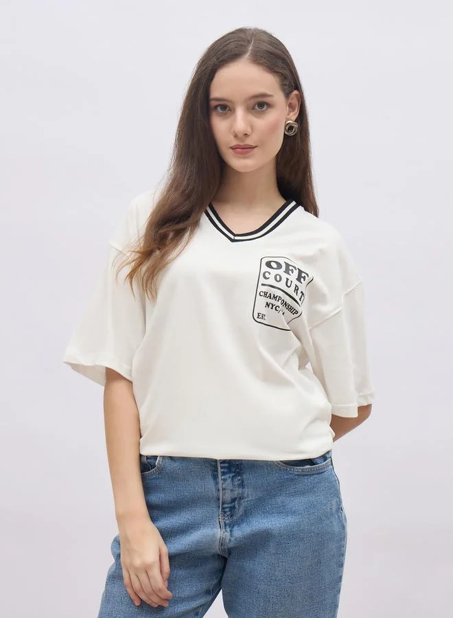 ستايلي Styli Contrast Neck Printed Oversized T-Shirt