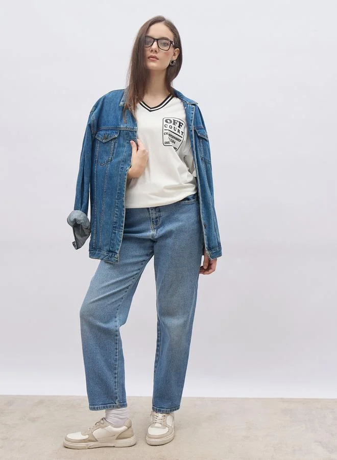 ستايلي Styli Contrast Neck Printed Oversized T-Shirt