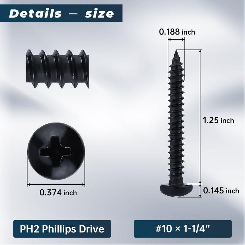 Glvaner #10 x 1-1/4 inch Phillips Pan Head Self Tapping Screws for Wood, Black Coated, 304 Stainless Steel 18-8, Round Head Sheet Metal Tek Screws, 50 pcs - Image 3