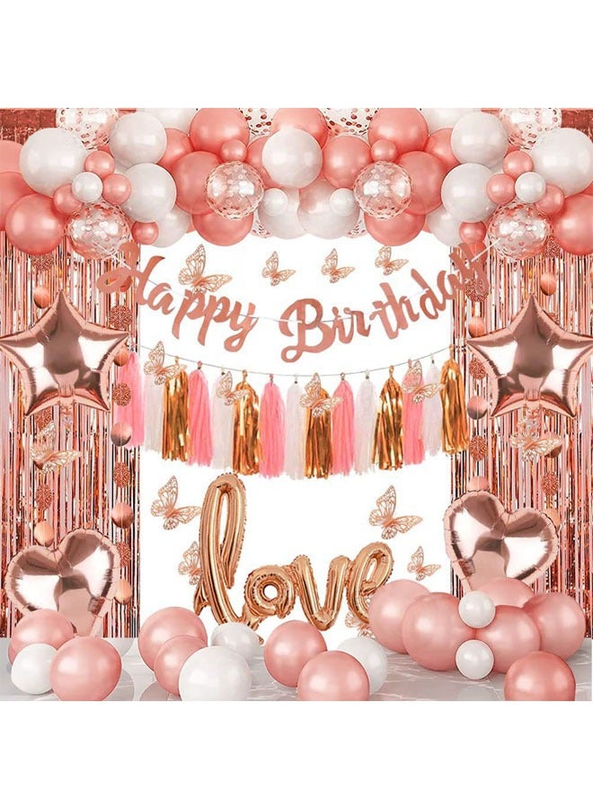 مجموعة زينة حفلة عيد ميلاد باللون الوردي الذهبي والوردي مع لافتة عيد ميلاد سعيد للفتيات - Image 1