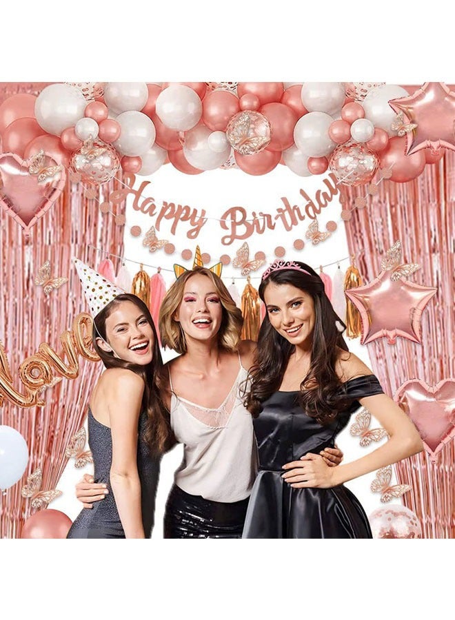 مجموعة زينة حفلة عيد ميلاد باللون الوردي الذهبي والوردي مع لافتة عيد ميلاد سعيد للفتيات - Image 3