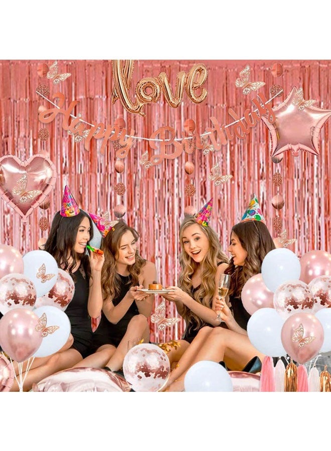 مجموعة زينة حفلة عيد ميلاد باللون الوردي الذهبي والوردي مع لافتة عيد ميلاد سعيد للفتيات - Image 4