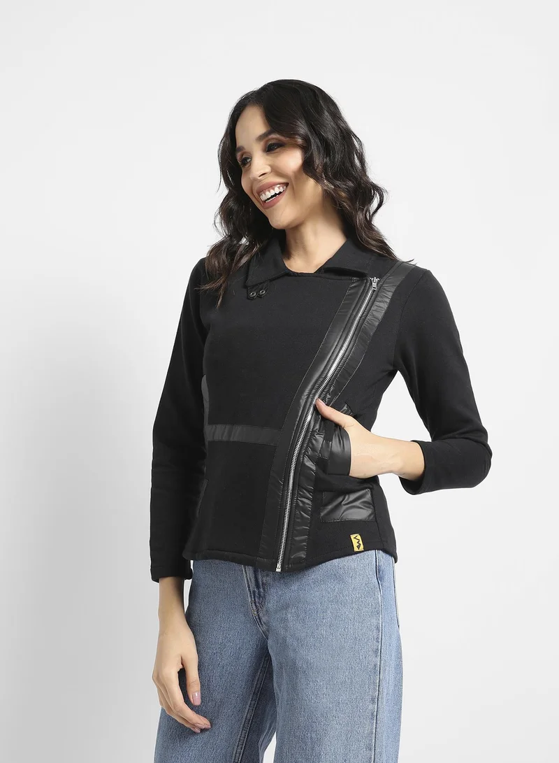 Campus Sutra Zip-Front Biker Jacket With Self-Design Panels