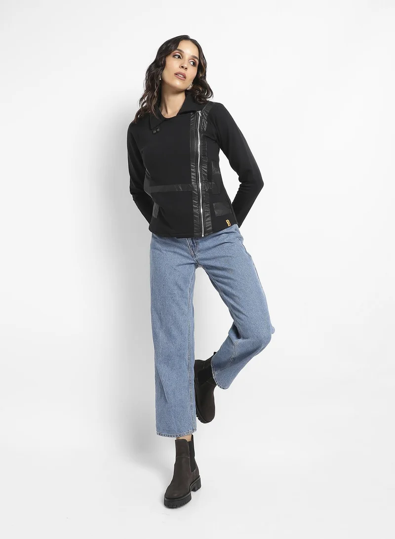Campus Sutra Zip-Front Biker Jacket With Self-Design Panels