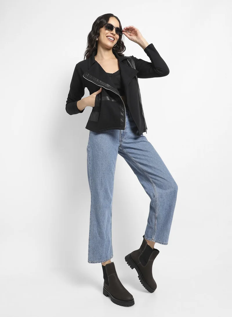 Campus Sutra Zip-Front Biker Jacket With Self-Design Panels