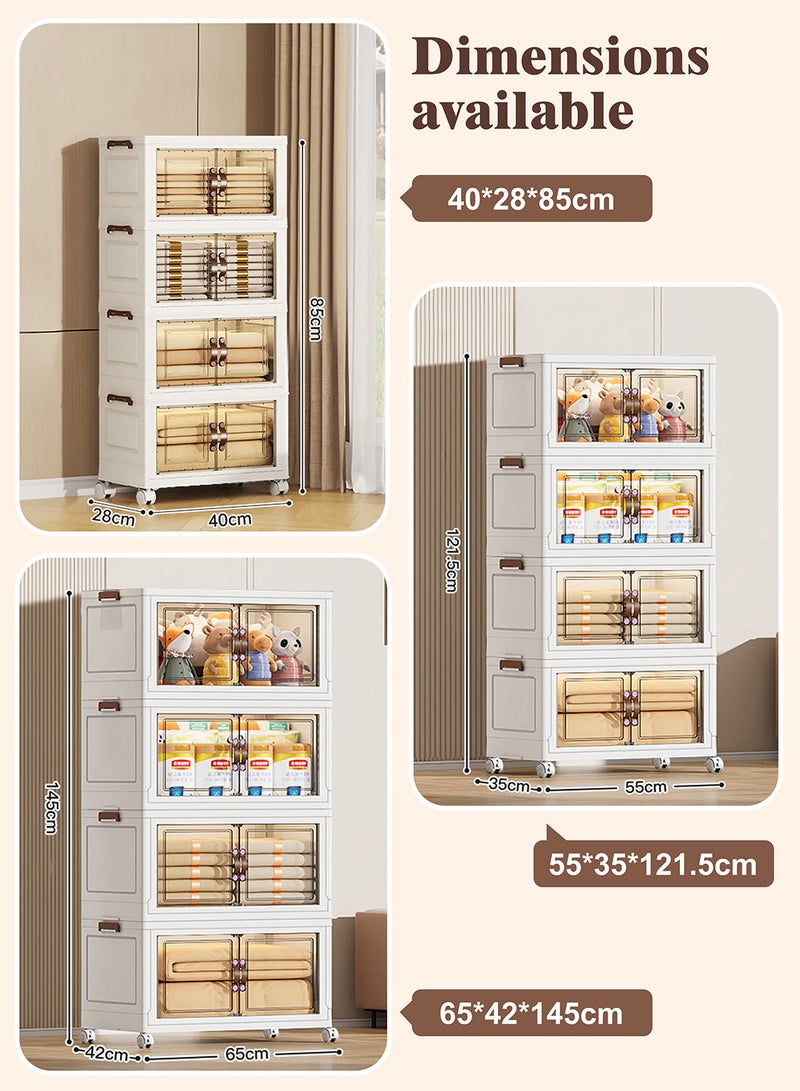 Ollieroo Four-Tier Foldable Plastic Storage Cabinet with Wheels – PP Organizer with Transparent Magnetic Doors, Stackable and Space-Saving Design for Kitchen, Bedroom, or Living Room, 40 cm - Image 3