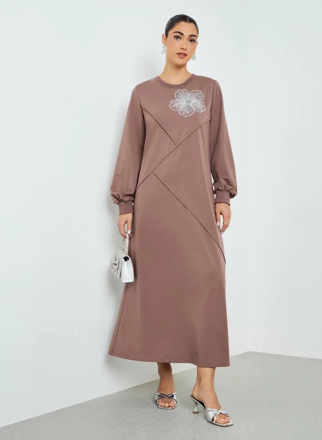 Styli Brown Embroidered A-Line Jalabiya