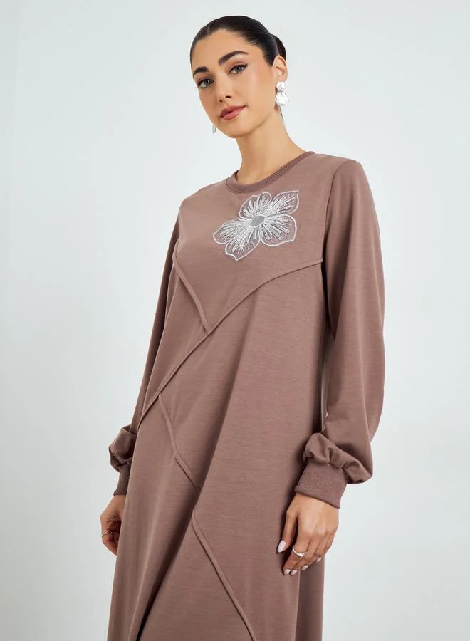 Styli Brown Embroidered A-Line Jalabiya