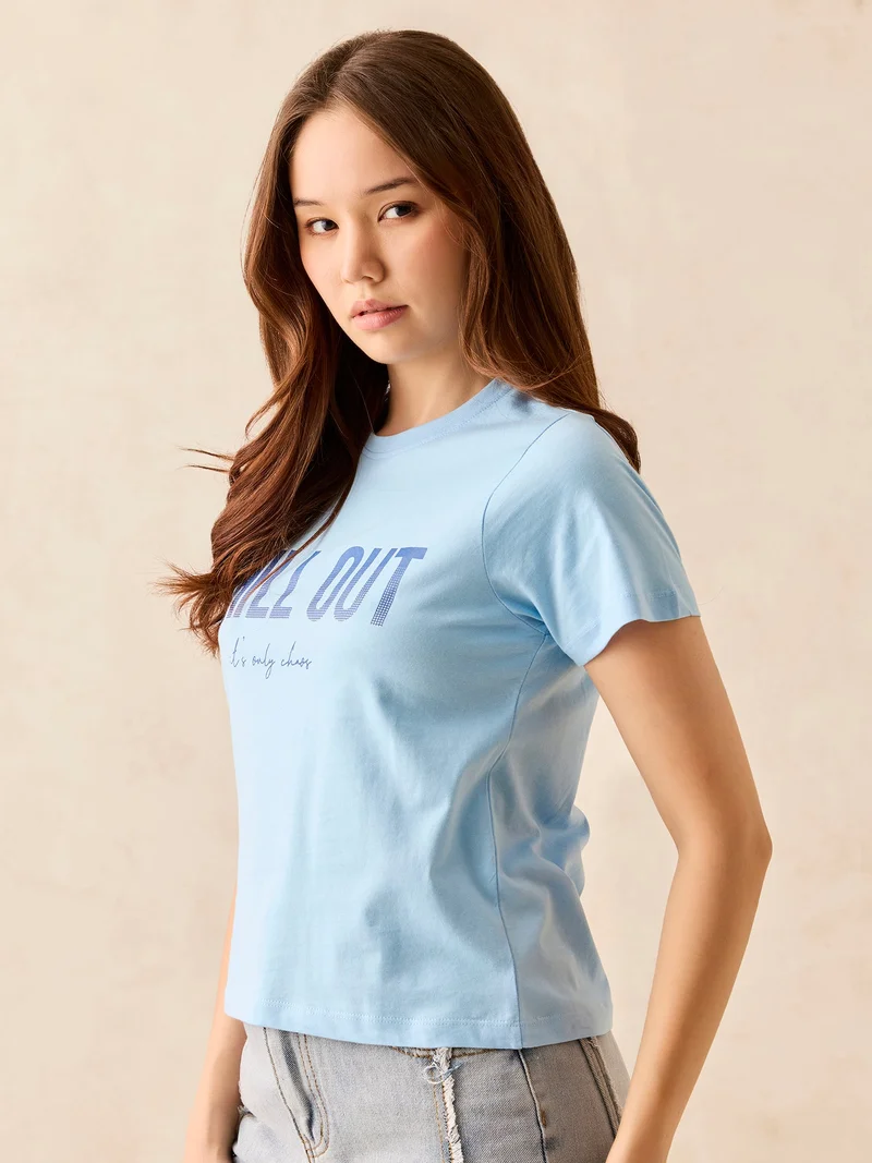 OUTZIDR Blue Crew Neck Graphic T-Shirt