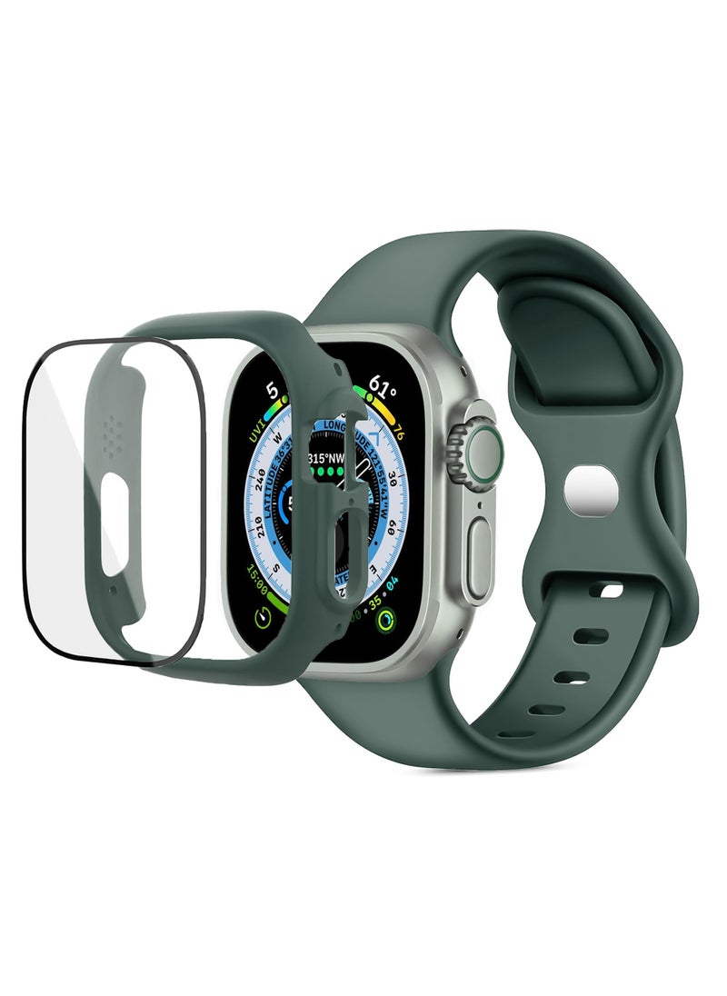 Generic - Band with Case For Apple Watch Ultra/Ultra 2 49mm,Adjustable Silicone Sport Wristband Replacement, Strap With Cover Built-in Glass Screen Protector for iWatch Ultra 49 mm (Pine Green) - Image 1