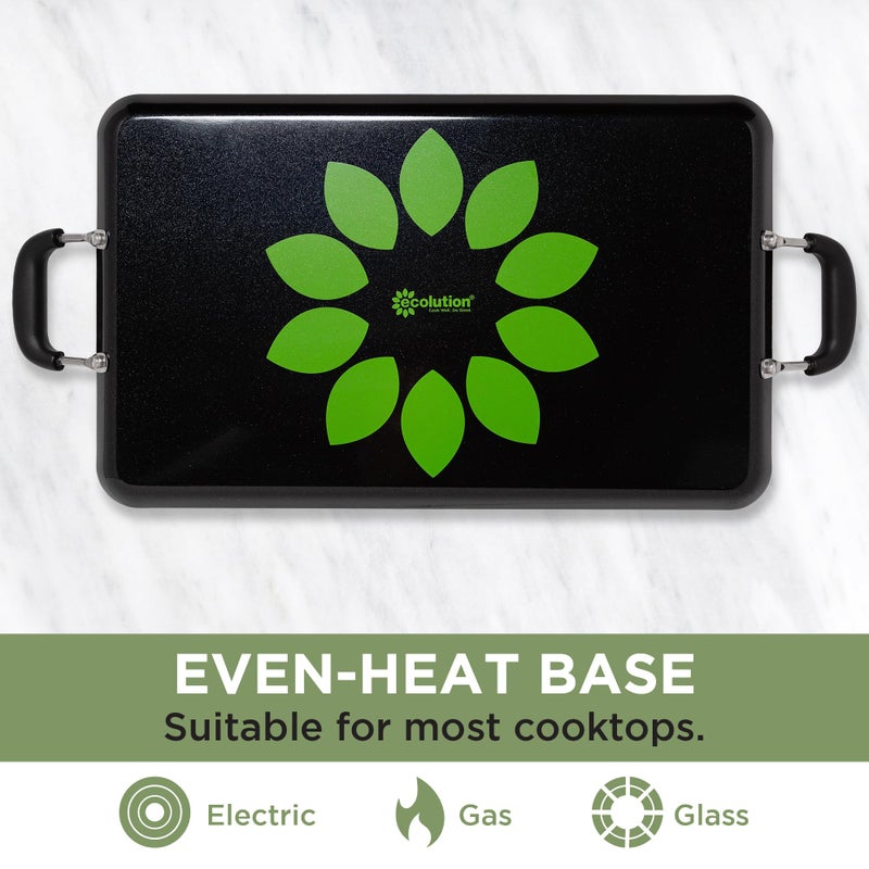 Ecolution Artistry Nonstick Double Burner Griddle, Easy To Clean, Cool Touch Silicone Handle, Dishwasher Safe Pots and Pans, 12-Inch x 18-Inch, Black - Image 4