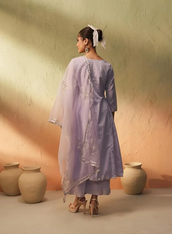 آي شين Women's Lilac Cotton Printed Tunic Upper Calf Length Palazzo Bottom Regular Fit 3 Peice Kurta Set