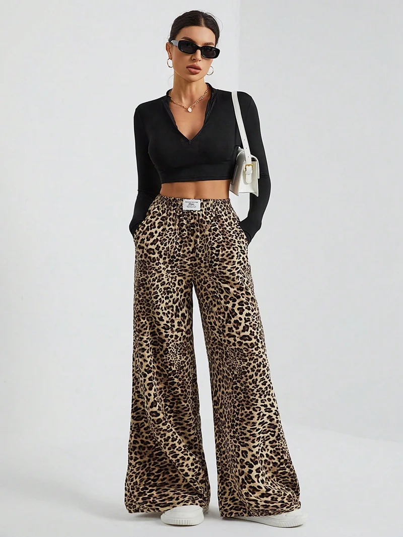 أوجيدر Brown Animal Print Wide Leg Joggers