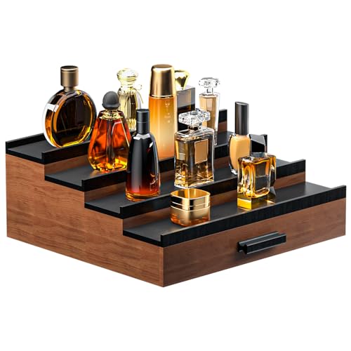 Sephyroth Cologne Organizer for Men 4 Tier of Elevated Cologne Display Shelf with Drawer Storage Perfume Organization and Storage Display Risers,Great Gift for Man(4Tier-WalnutBalck) - Image 1