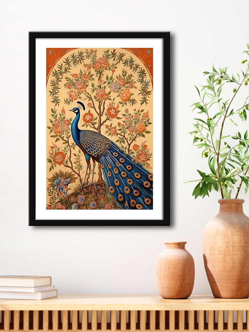 999STORE Peacock With Background Mughal Modern Art Fiber Vertical Painting For Wall Peacock Painting VinylMDF_40X60 cms BLF4060205234 - Image 1