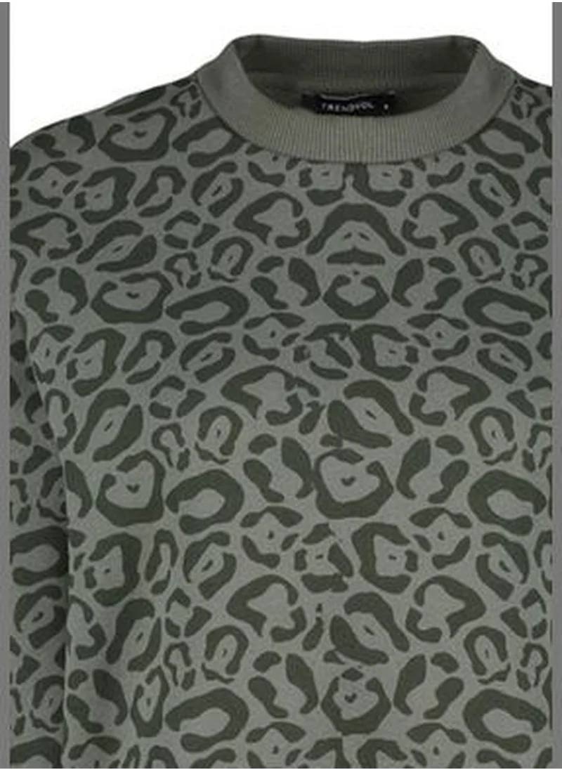 trendyol Khaki Printed Regular Fit Knitted Sweatshirt with Fleece Inside TWOAW24SW00365.