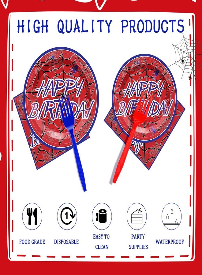 Romooa 96 Pcs Spiderweb Party Plates and Napkins Spider Birthday Decorations Ghost Disposable Porks Spiderweb Tableware Set for Spider Party Supplies(Red,Happy Birthday) - Image 5