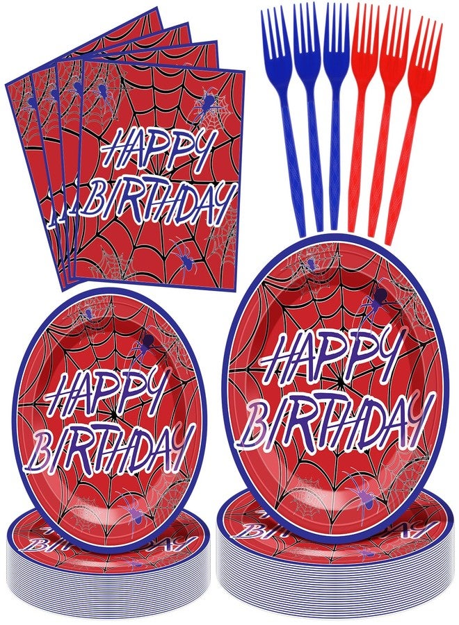 Romooa 96 Pcs Spiderweb Party Plates and Napkins Spider Birthday Decorations Ghost Disposable Porks Spiderweb Tableware Set for Spider Party Supplies(Red,Happy Birthday) - Image 1