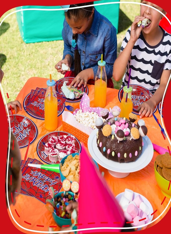 Romooa 96 Pcs Spiderweb Party Plates and Napkins Spider Birthday Decorations Ghost Disposable Porks Spiderweb Tableware Set for Spider Party Supplies(Red,Happy Birthday) - Image 3