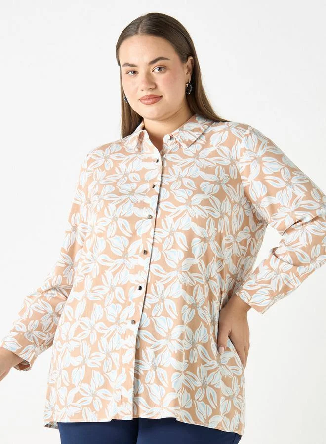 Ulla Popken Plus Size Ulla Popken All-Over Floral Print Shirt with Long Sleeves