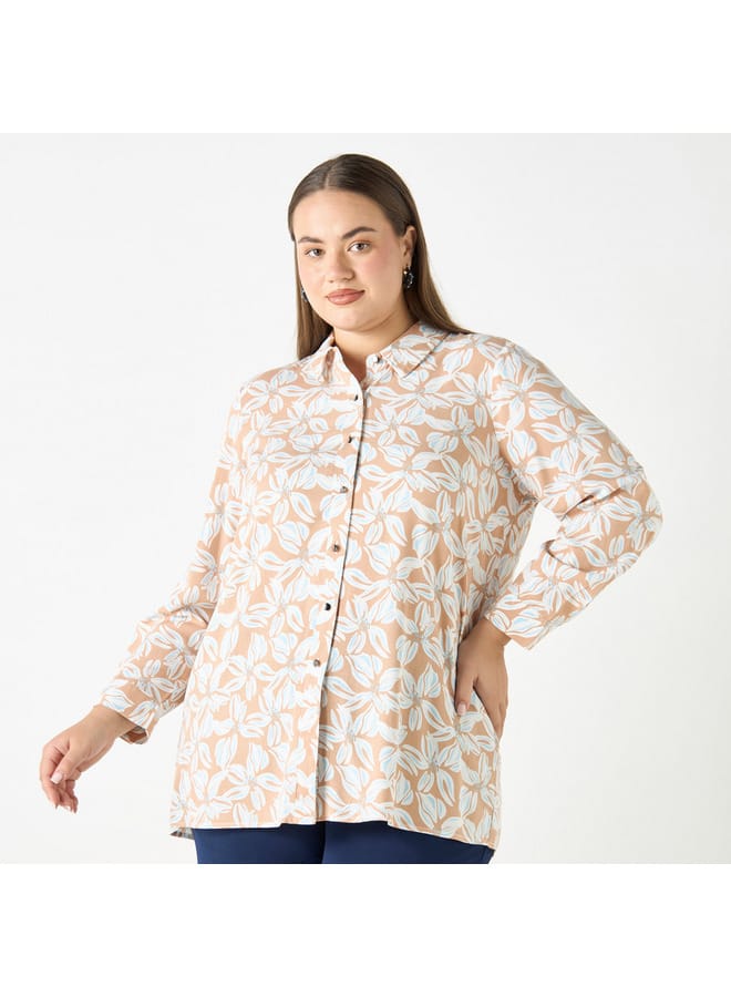 Ulla Popken Plus Size Ulla Popken All-Over Floral Print Shirt with Long Sleeves  - Image 1