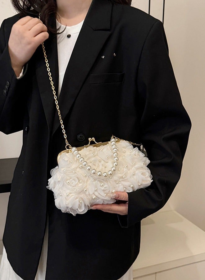 DUNISO Evening women's handbag, vintage pearl shoulder bag, petal clutch bag with detachable shoulder strap, suitable for parties, banquets, and weddings，white  - Image 3