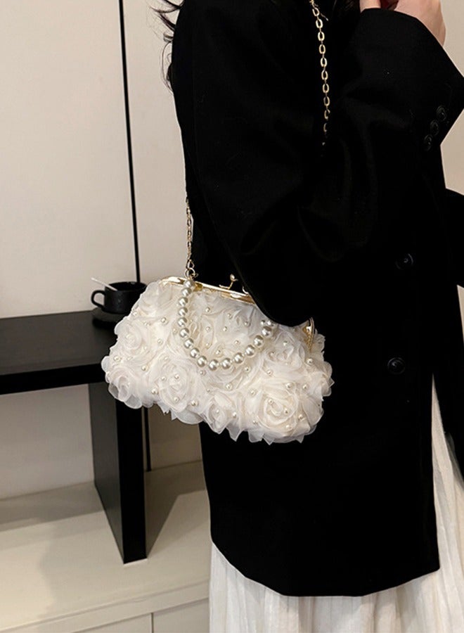 DUNISO Evening women's handbag, vintage pearl shoulder bag, petal clutch bag with detachable shoulder strap, suitable for parties, banquets, and weddings，white  - Image 2