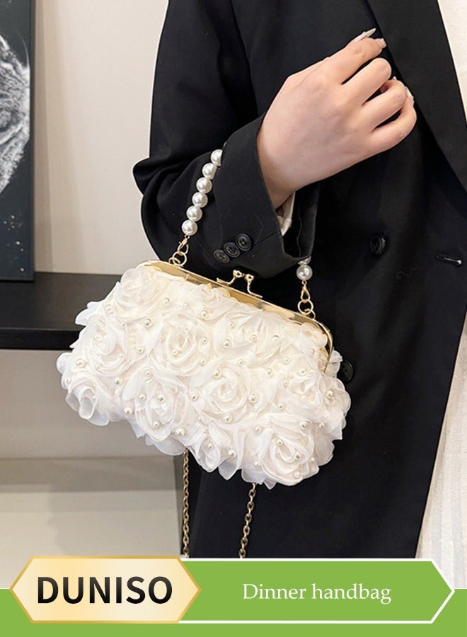 DUNISO Evening women's handbag, vintage pearl shoulder bag, petal clutch bag with detachable shoulder strap, suitable for parties, banquets, and weddings，white  - Image 1