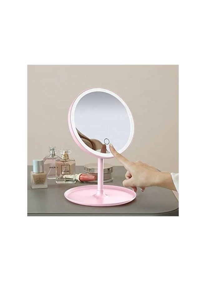 Round Adjustable LED Makeup Mirror with Storage Tray Pink - Image 1