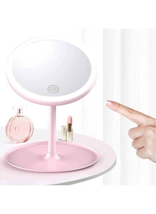 Round Adjustable LED Makeup Mirror with Storage Tray Pink - Image 2