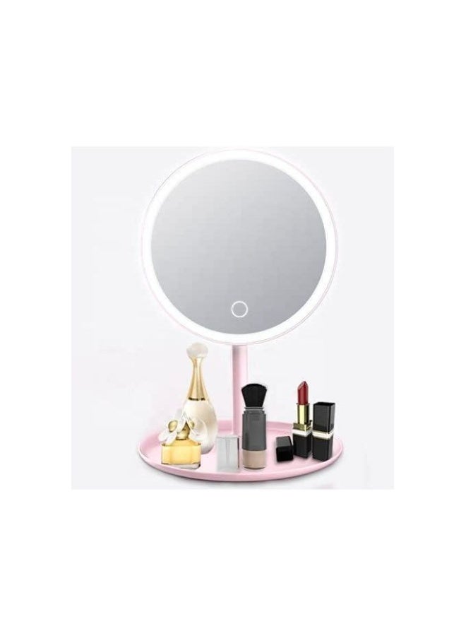 Round Adjustable LED Makeup Mirror with Storage Tray Pink - Image 4