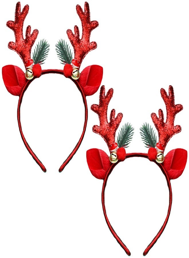 WLBON 2 Pcs Christmas Reindeer Antlers Headband Deer Antlers Ears Hair Hoops Bands Elk Horns Headpiece Hairband Women Xmas Tree Bells Cosplay Dress Up Halloween Wedding Holiday Birthday Party Accessories - Image 1