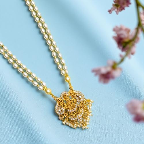 ACCESSHER Women's Traditional White Beaded Temple Necklace with Goddess Lakshmi Pendant | Jewelry with Pearl and Stone Embellishments | Ideal for Weddings & Festivals - Image 4