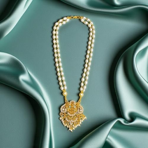 ACCESSHER Women's Traditional White Beaded Temple Necklace with Goddess Lakshmi Pendant | Jewelry with Pearl and Stone Embellishments | Ideal for Weddings & Festivals - Image 3
