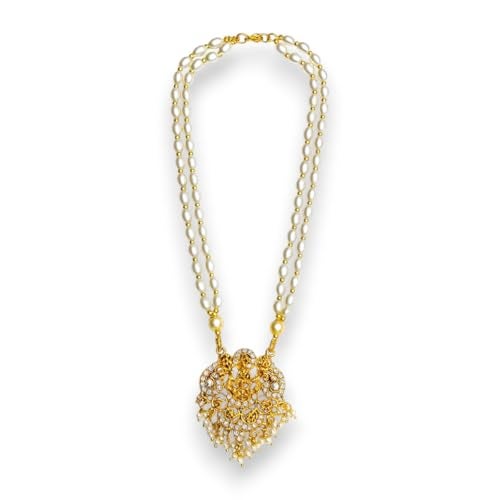 ACCESSHER Women's Traditional White Beaded Temple Necklace with Goddess Lakshmi Pendant | Jewelry with Pearl and Stone Embellishments | Ideal for Weddings & Festivals - Image 1