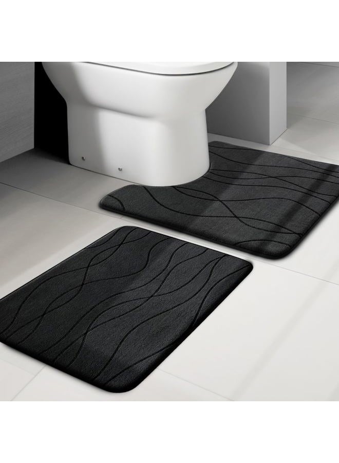 YIHOUSE Memory Foam Black Bathroom Rug Sets 2 Piece, Ultra Absorbent Bath Mat for Bathroom - Non-Slip Machine Washable & Dry Quickly, 2 Piece Bathroom Mat Set, Black - Image 1