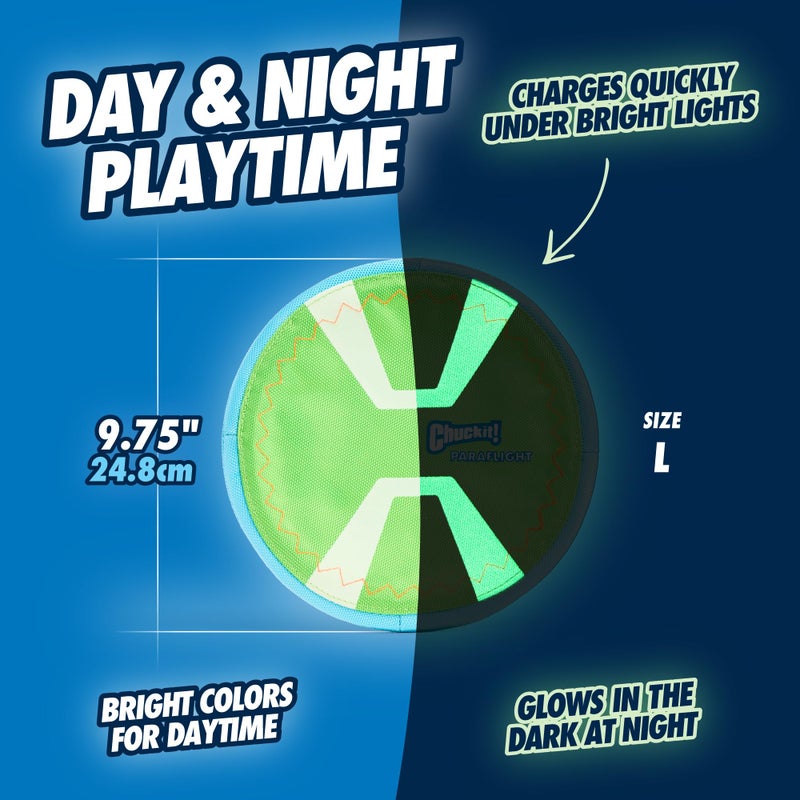 Chuckit! Max Glow Paraflight Flying Disc Dog Toy - Water Floating Flyer - Durable Nylon Construction with Soft Rubber Edges - For Medium and Large Dogs - Size Large - 9.75" L x 9.75" W - Pack of 1 - Image 5