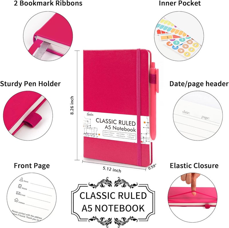 Feela 3 Pack Notebooks Journals Bulk, Hardcover Notebook Classic Ruled Lined Journals with Pen Holder for Women Girls School Business Supplies, with 3 Black Pens, 120 GSM, 5.1”x8.3”, A5, Berry - Image 2